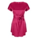 thumbnail image 4 of Vestido de Manga Corta para las Mujeres, Color Sólido Encaje Hasta Cintura Retracta Satén Tenedor Dividido, Cuello Redondo Midi, 4 of 8