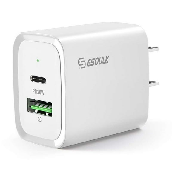 Esoulk 20W 2-Port USB-C PD (Power Delivery) and USB-A Quick Charge, Ultra Fast Charging Wall Charger for Motorola Edge 2024 - White