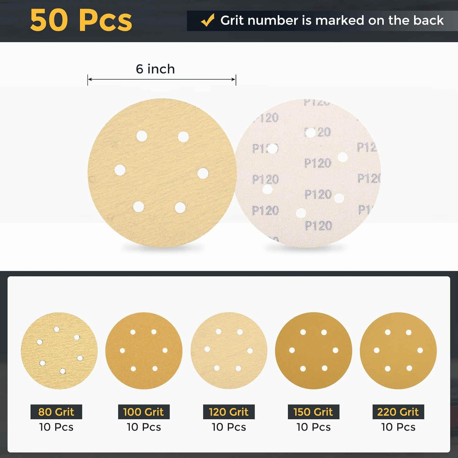 FRKSMD-50 Pcs 6 Inch Sanding Disc 6 Hole 80/100/120/150/220 Grit Hook and Loop Sandpaper Random Orbital Sander Pads for Woodworking Automotive Metal Polishing, Gold