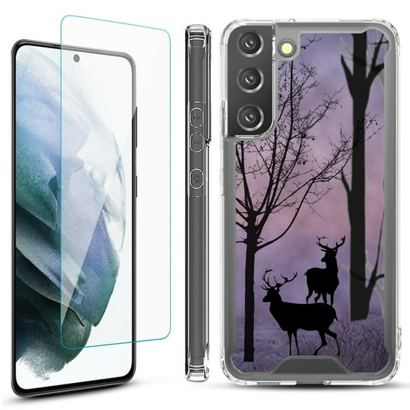 Shockproof Bumper Phone Case for Samsung Galaxy S22  / S22 Plus 5G, with Tempered Glass Screen Protector, by OneToughShield ® - Forest/Deer/Twilight