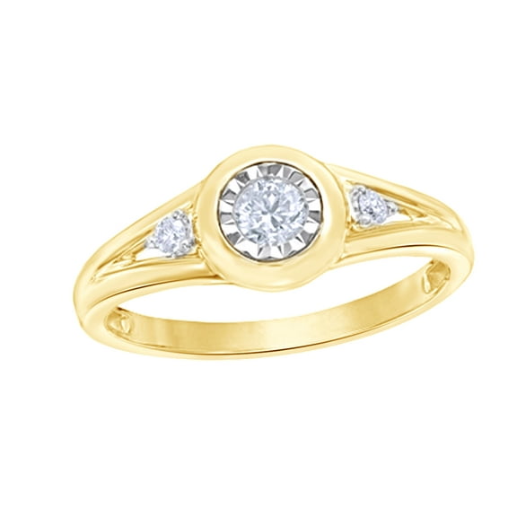 Round Cut White Natural Diamond Three Stone Split Shank Promise Ring in 10k Yellow Gold (0.2 Cttw)