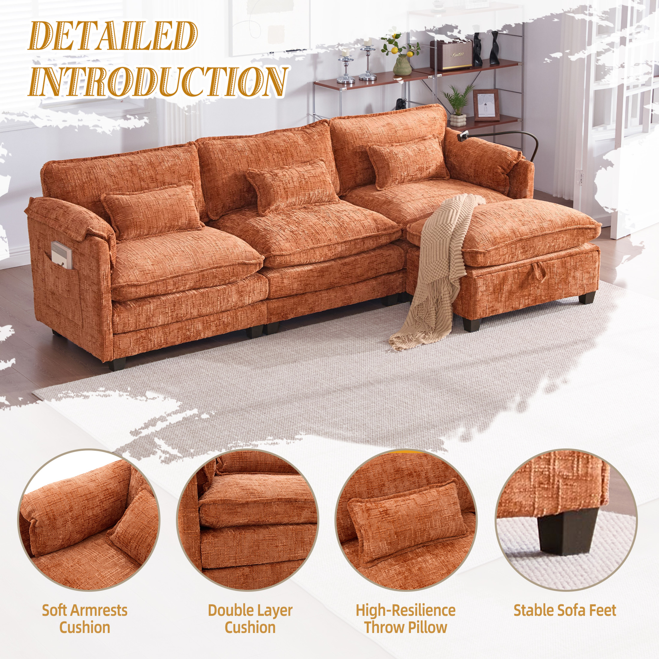 Noble House Modern 112" Oversized L-Shape Sectional Sofa, Chenille Cloud Couch with Modular Storage Ottoman, Orange