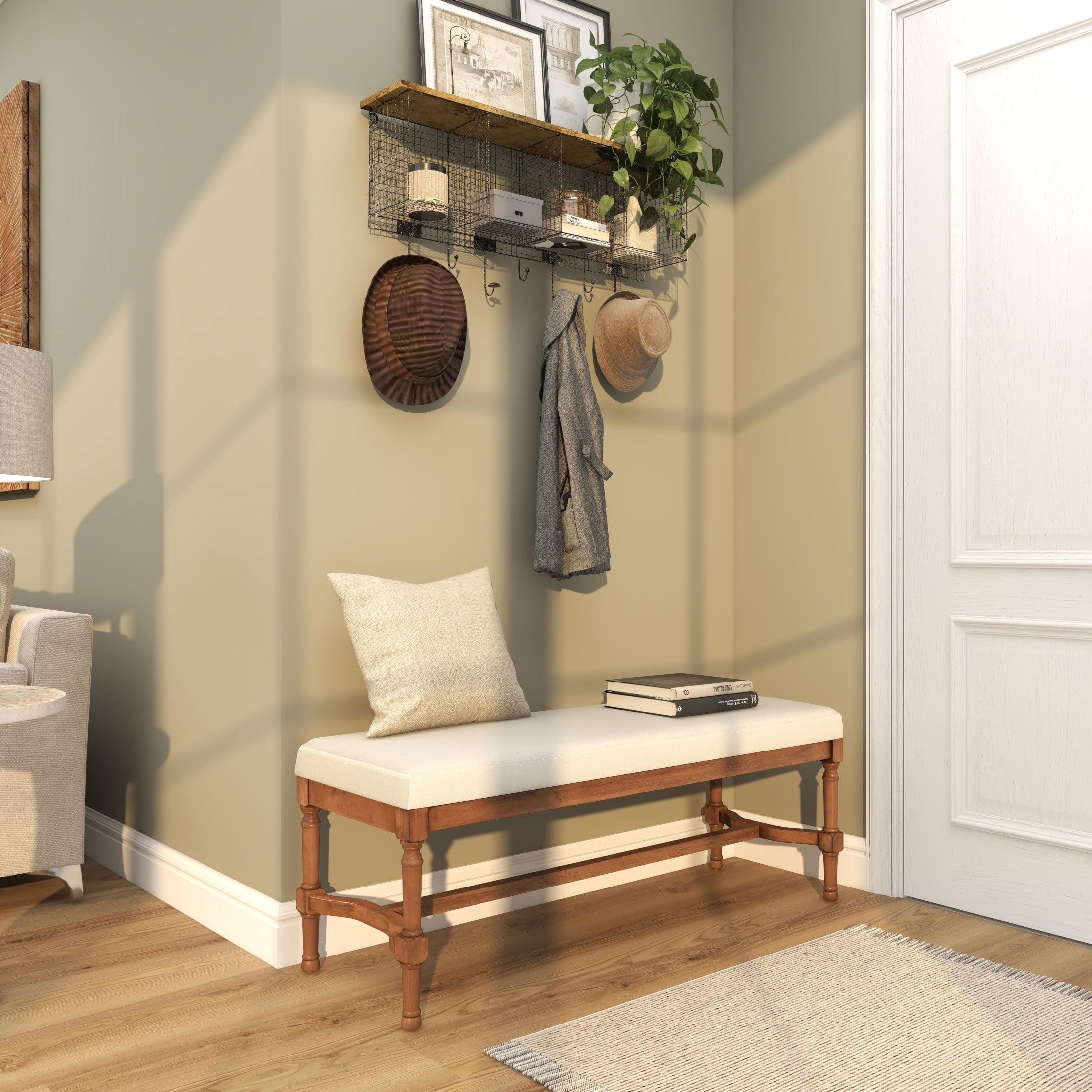 DecMode Wood Bench with Burlap Seat, Brown
