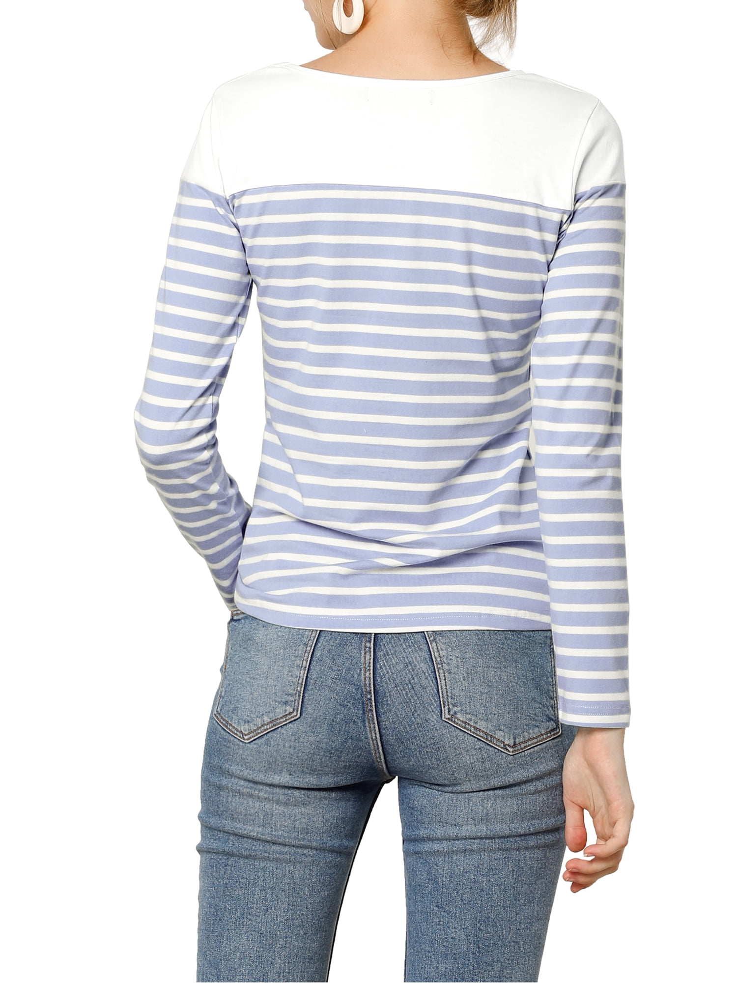 DARING DIVA Women's Color Block Striped Knit Top Long Sleeves T-Shirt M Light Blue