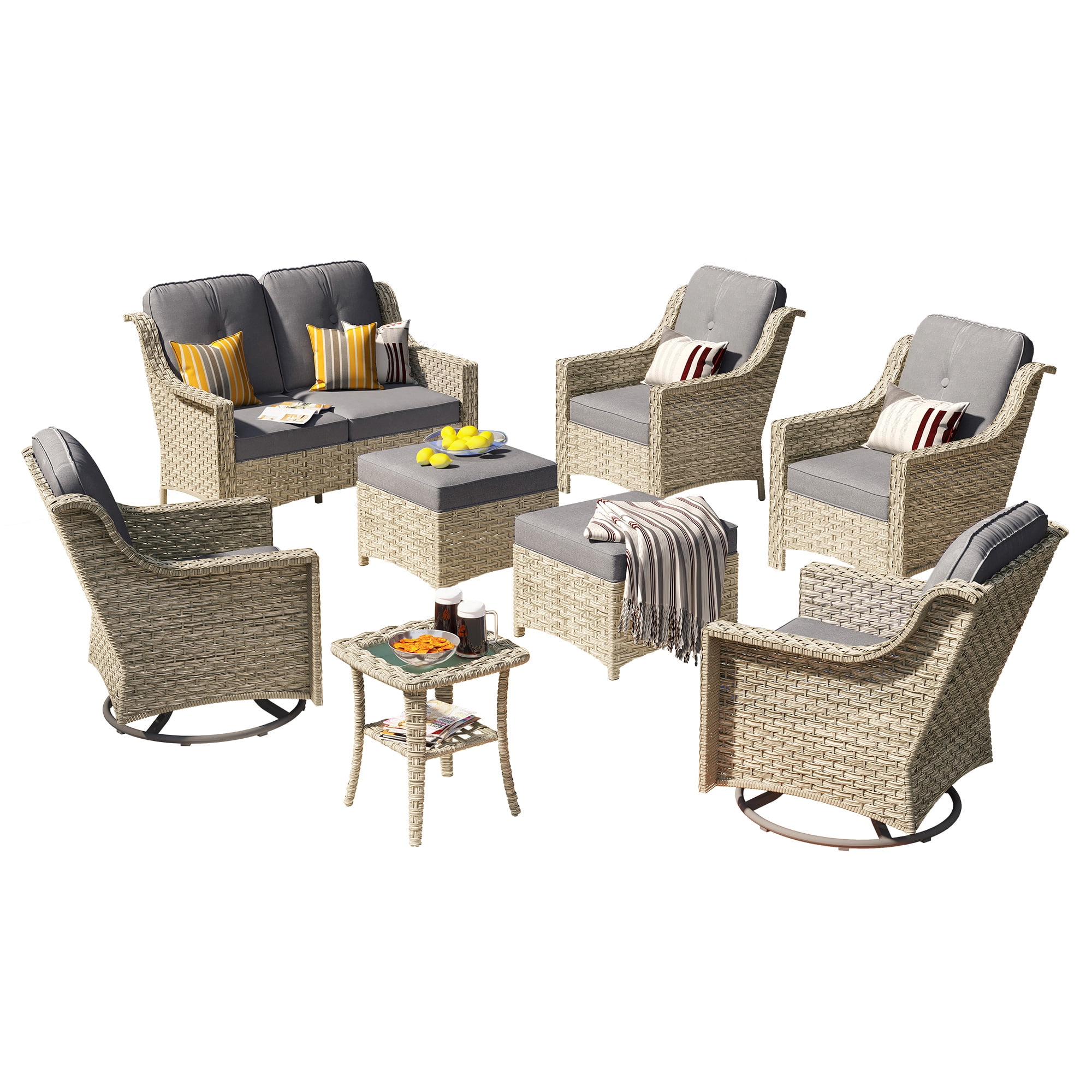 Ovios High-Back Outdoor Furniture 8 Pieces Gray Wicker Patio Conversation Set with Rocking Swivel Chairs for Backyard