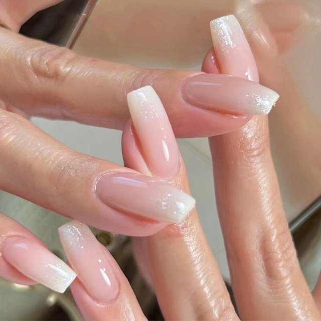 Uñas postizas de cobertura completa, Uñas postizas acrílicas, purpurina, mariposa, diamantes de imitación, color rosa degradado, 24 unidades