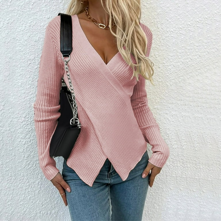 VSSSJ Womens Elegant Cross Wrap V Neck Knitted Sweater Casual Irregular Hem Solid Color Long Sleeve Ribbed Slim Tunic Sweaters Pink S Walmart