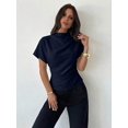 thumbnail image 1 of Blusa De Cuello Alto Con Fruncido Azul Marino Para Mujer, 1 of 30