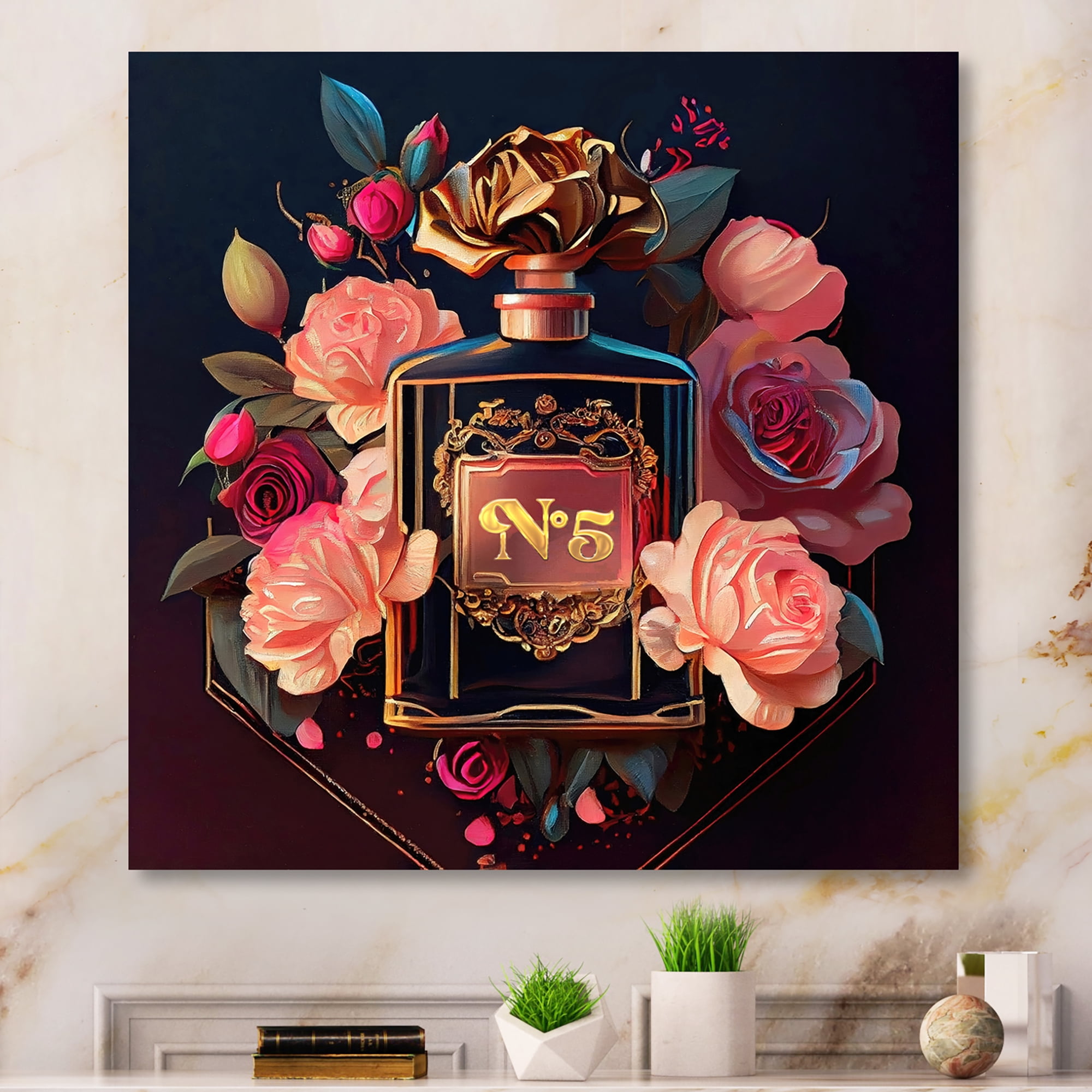 Designart Chic Perfume Bottle With Pink Roses II Canvas Wall Art