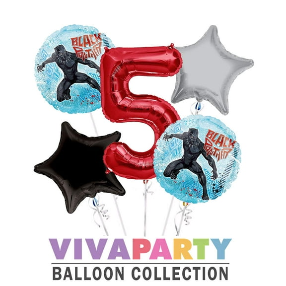 Black Panther Round Balloon Bouquet 5 pc, 5th Birthday, Red Number 5 Jumbo Balloon | Viva Party Balloon Collection