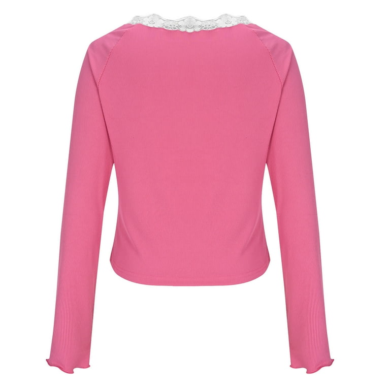 SEAOPEN V Neck Lace Long Sleeve Shirts for Women Basic Fitted
