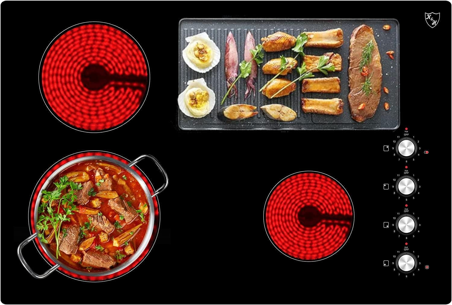 K&H German Designed 4 Burner 30 Inch Built-in Electric Stove Top Radiant Ceramic Kitchen Cooktop Knob Control 240V 7200W CE30-7206K