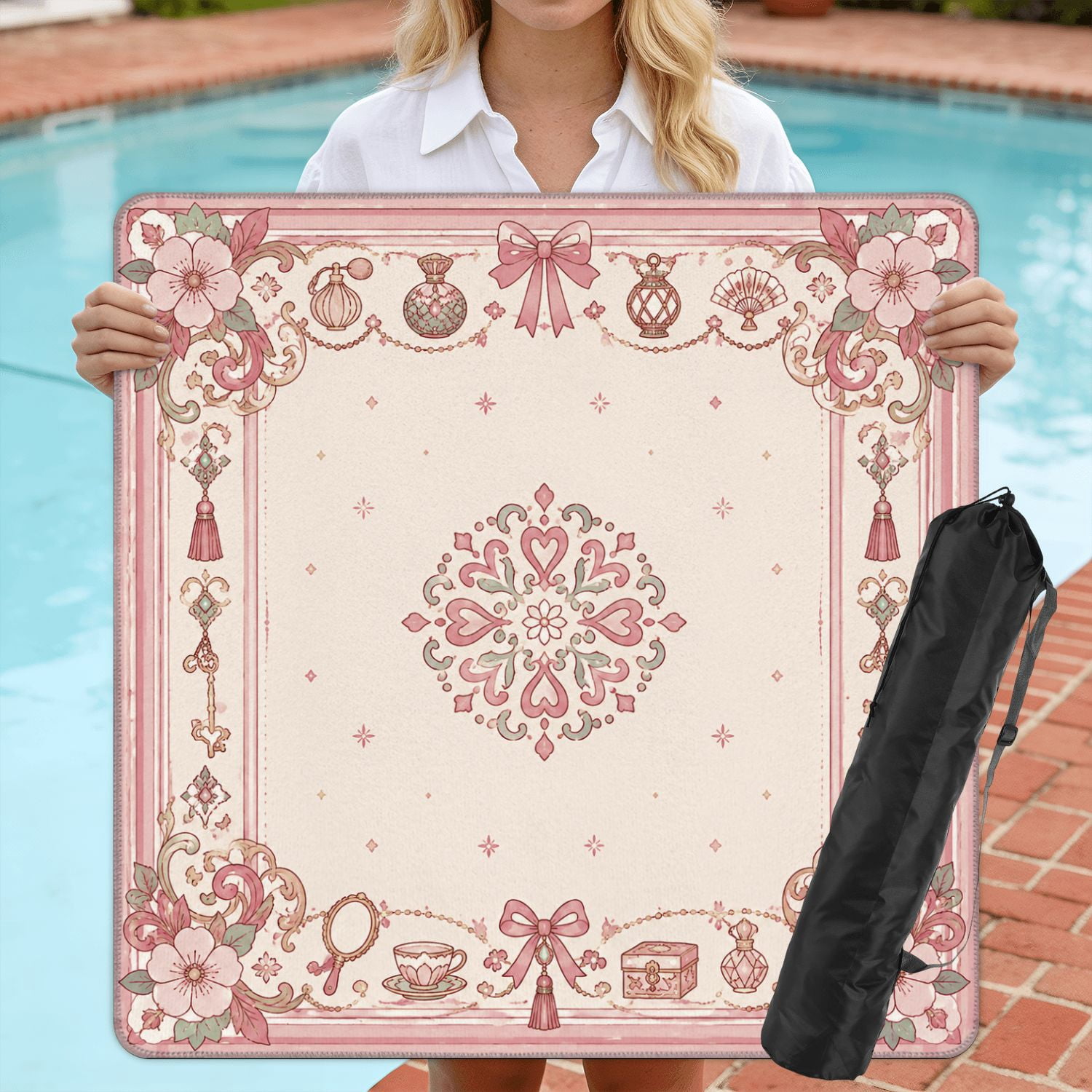 Mahjong Mat 31.5" x 31.5" Pink Cherry Blossom Floral Decorative Borders Bows Non-Slip Noise Reduction American Mahjong Tiles Table Cover for Dominoes Poker Card Board Games Gift