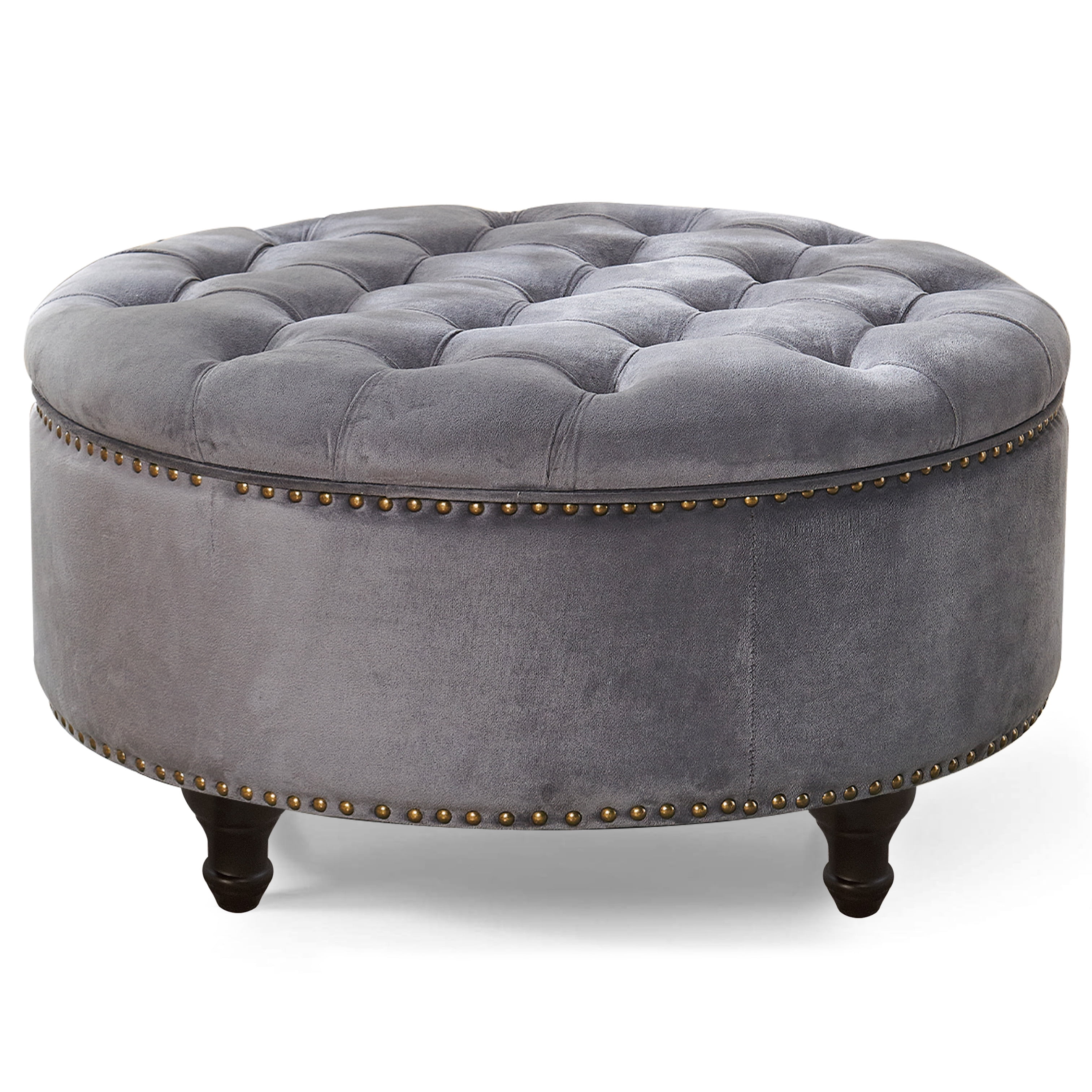 Upholstered 30" Round Storage Button Ottoman, Nail Head Tufted Seating, with Removable Lid Dark Grey
