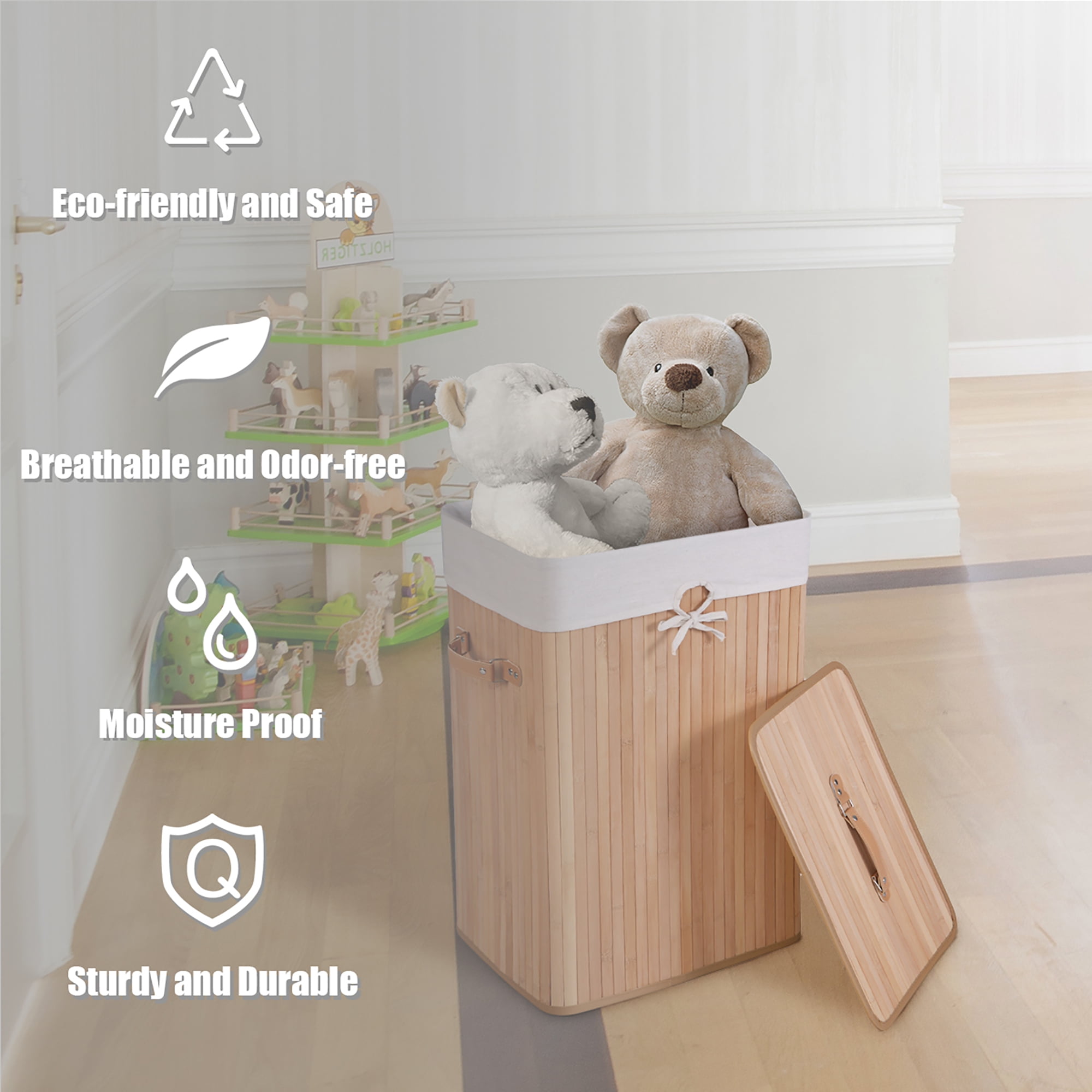 Costway Rectangle Bamboo Hamper Laundry Basket Washing Cloth Bin Bag Lid Natural