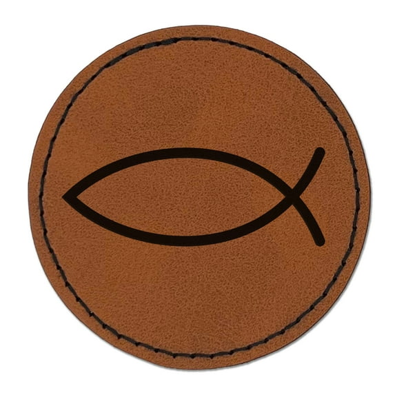 Ichthys Fish Christian 2.5" Faux Leather Round Engraved Iron-On Patch - Brown