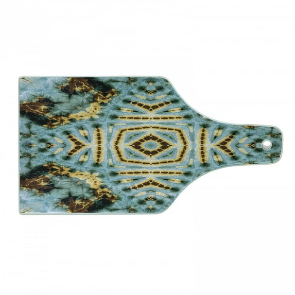 Hippie Cutting Board, Close up Effect Hippie Motif Maya Clan in Dirt Tones Counter Culture Print, Decorative Tempered Glass Cutting and Serving Board, Wine Bottle Shape, Yellow and Blue, by Ambesonne