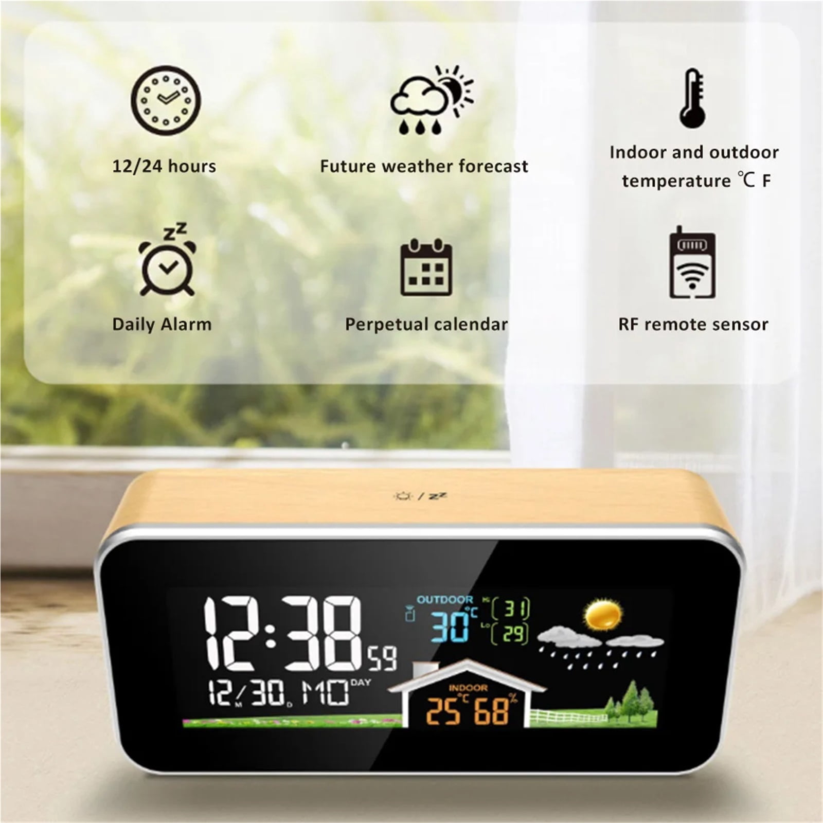 Wireless Weather Station Wooden Alarm Clock Digital Thermometer Humidity Temperature Wireless Sensor Home Desktop Time Watch