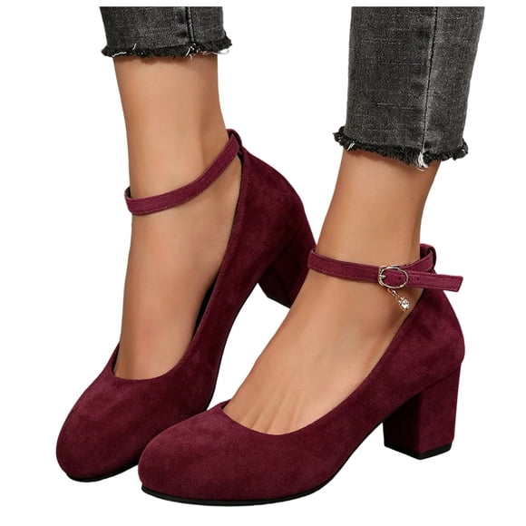 Women's Mary Jane Pumps Platform Round Toe Dress Shoes with Suede Buckle Strap Comfortable High Heels for Evening Party Red Size 7.5