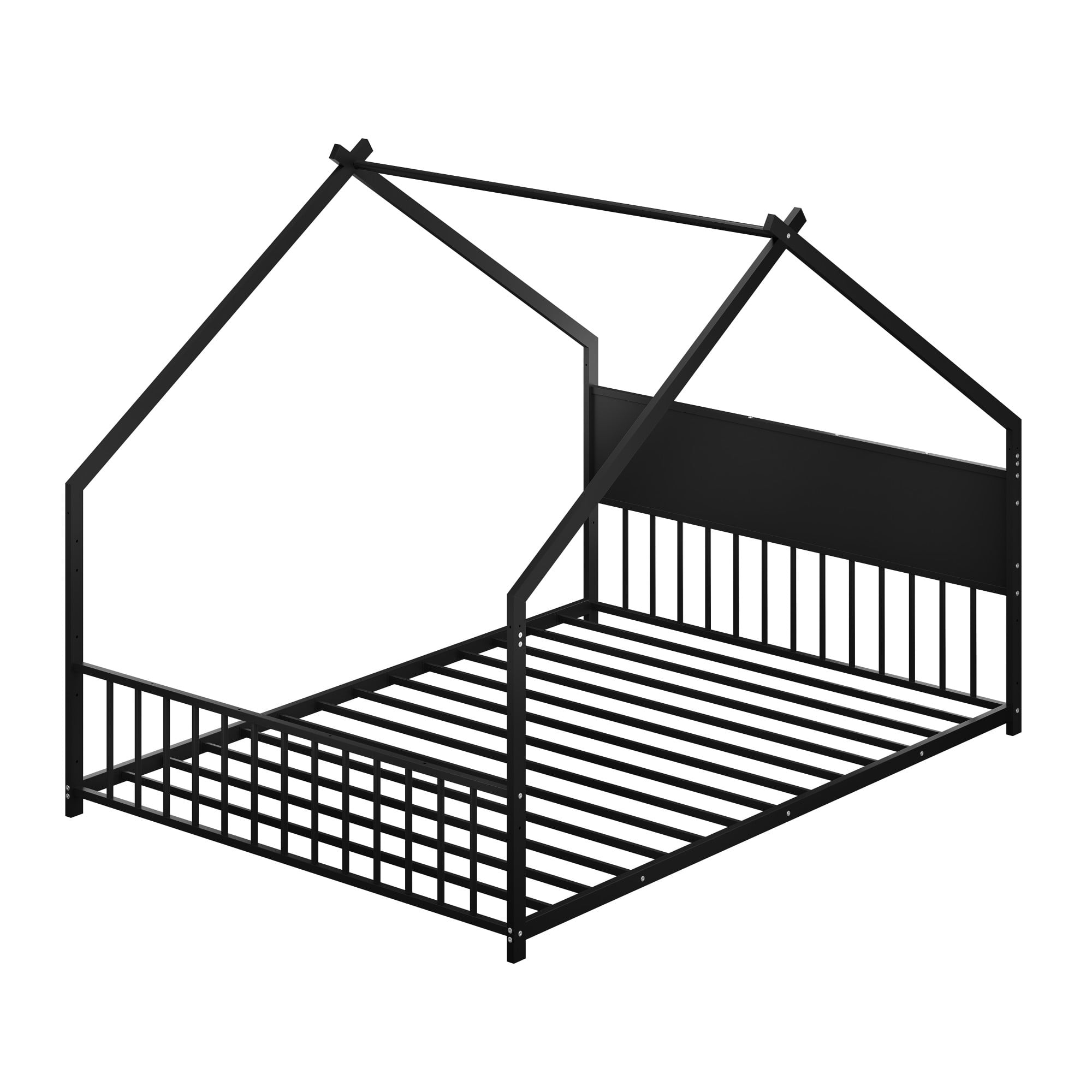 Aukfa Full Size Metal House Bed Frame with LED Lights, Montessori Floor Bed for Kids & Toddlers, Modern Kids Room Furniture, Black