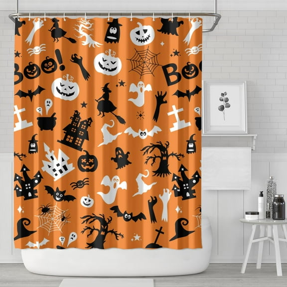 Spooky Halloween Night Pumpkin Black Cat Pattern Shower Curtain Fade-Resistant,72x84 inch Shower Curtain