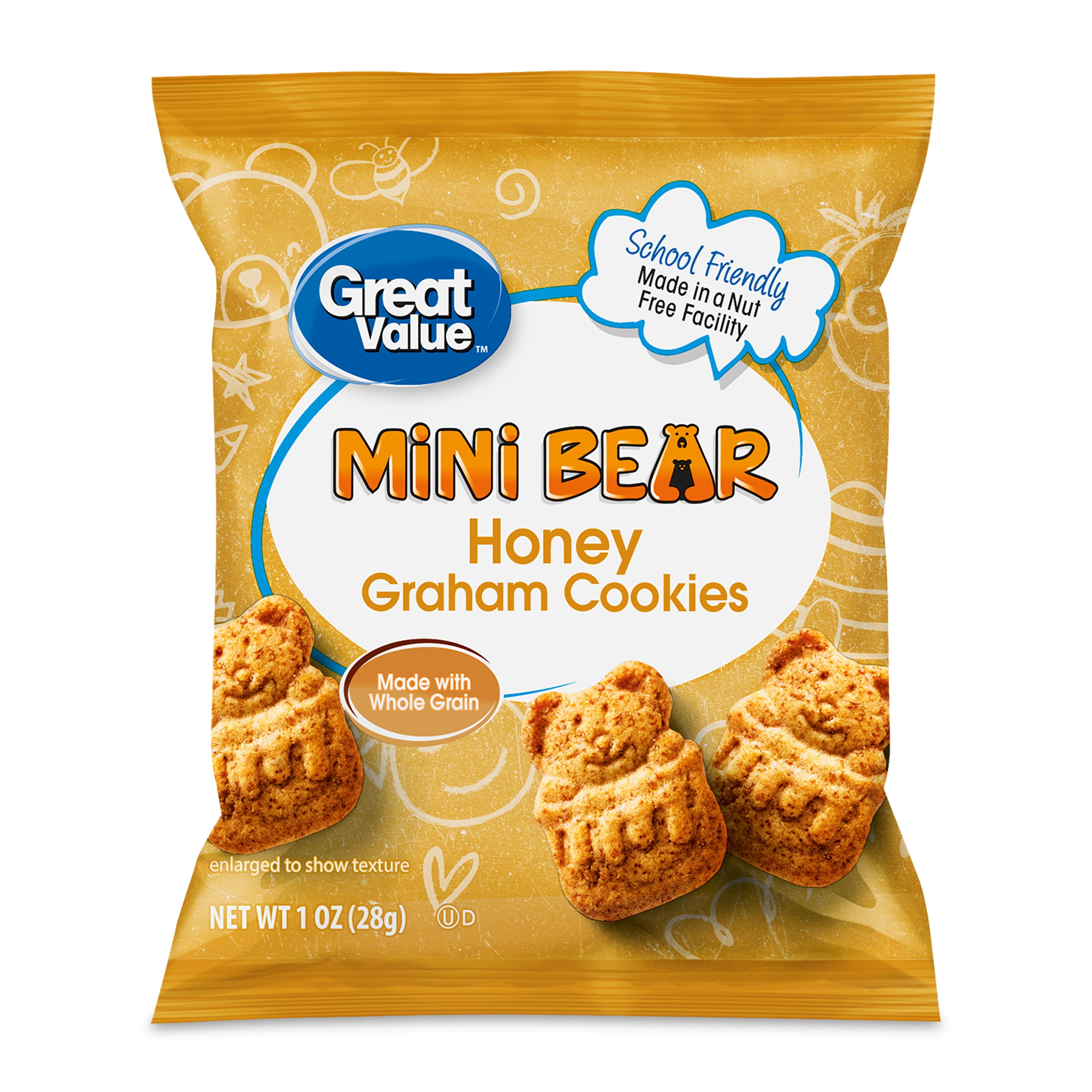 (3 pack) Great Value Mini Bear Honey Graham Cookies, 1 oz, 10 Snack Packs