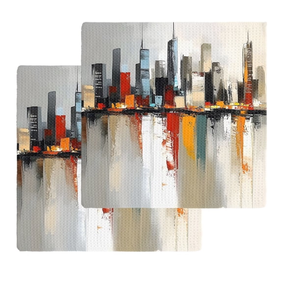 City Scenery Kitchen Dish Towels for Drying Dishes Set of 2, Contemporary Cityscape Abstract Aesthetic Waffle Weave Microfiber Hand Tea Bathroom Towels Quick Dry & Absorbent Towel 12x12
