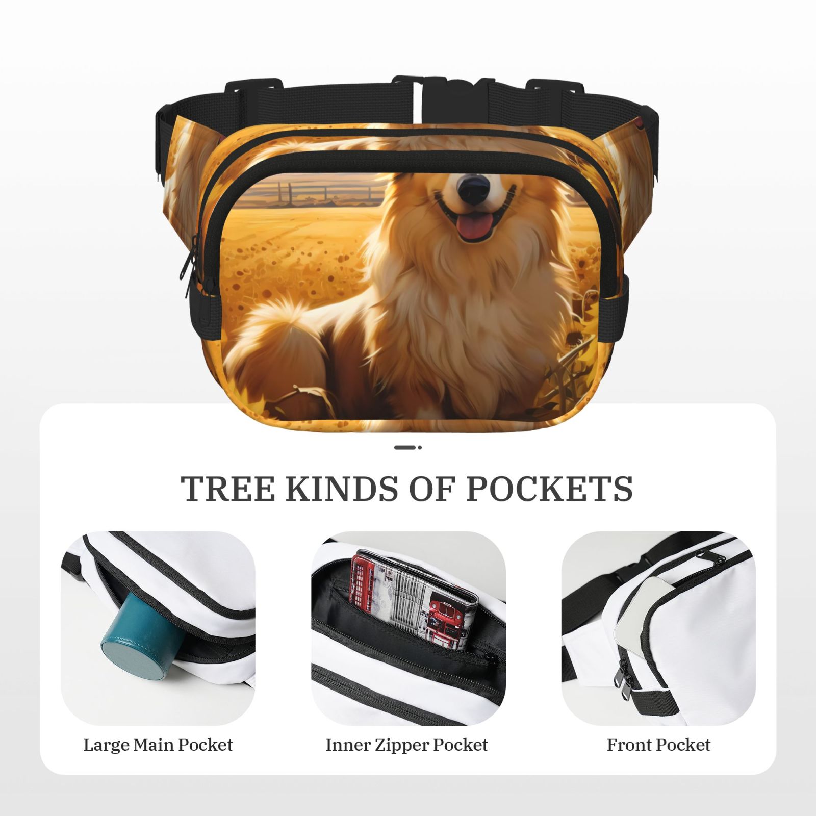 Picia Pastoral Sunflower Corgi Print Square Double-Layer Waist Bag Mini Adjustable Waist Belt Bag Exercise Running Travel Hiking
