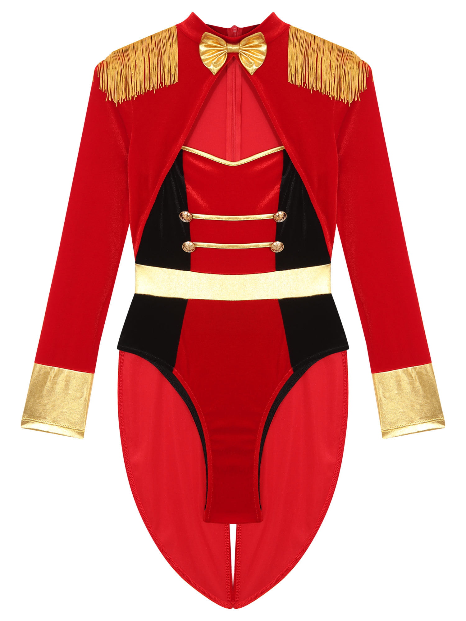 YEAHDOR Womens Circus Ringmaster Cosplay Costume Showman Carnival Leotard  Tassel Tuxedo Bodysuit Outfit Red XL 