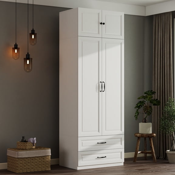 2 Door Armoire Wardrobe Closet with Top Cabinet, Modern Wooden Wardrobe Storage Cabinet with 2 Drawers and Hanging Rod for Bedroom