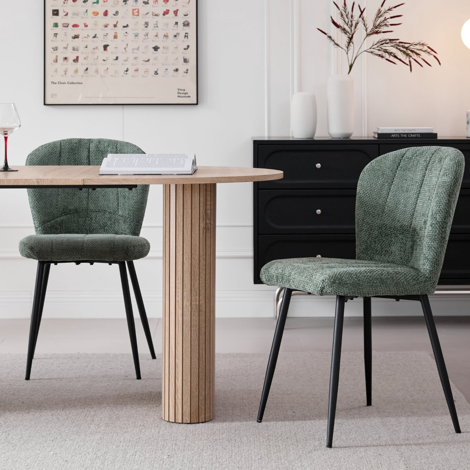Dining Chairs Set of 2, Upholstered Chenille Fabric Kitchen Chairs With Metal Legs, Wingback Elegant Tufted Accent Vanity Chair For Dinner, Bedroom, Living Room, Apartment, Green