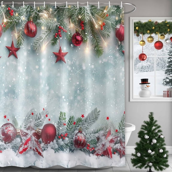 Christmas Shower Curtains for Bathroom, Snowflakes Pine Branches Waterproof Fabric Shower Curtain for Bathroom Bathtub Decoration, Machine Washable, 36"x72"