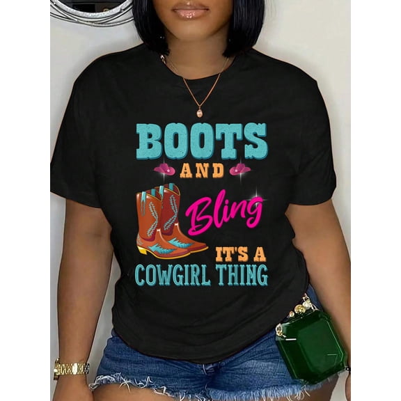 Cotton Womens Girls Boots & Bling its a Cowgirl Thing Cute Cowgirl T-Shirt Small Women's Graphic Tee Casual Tops