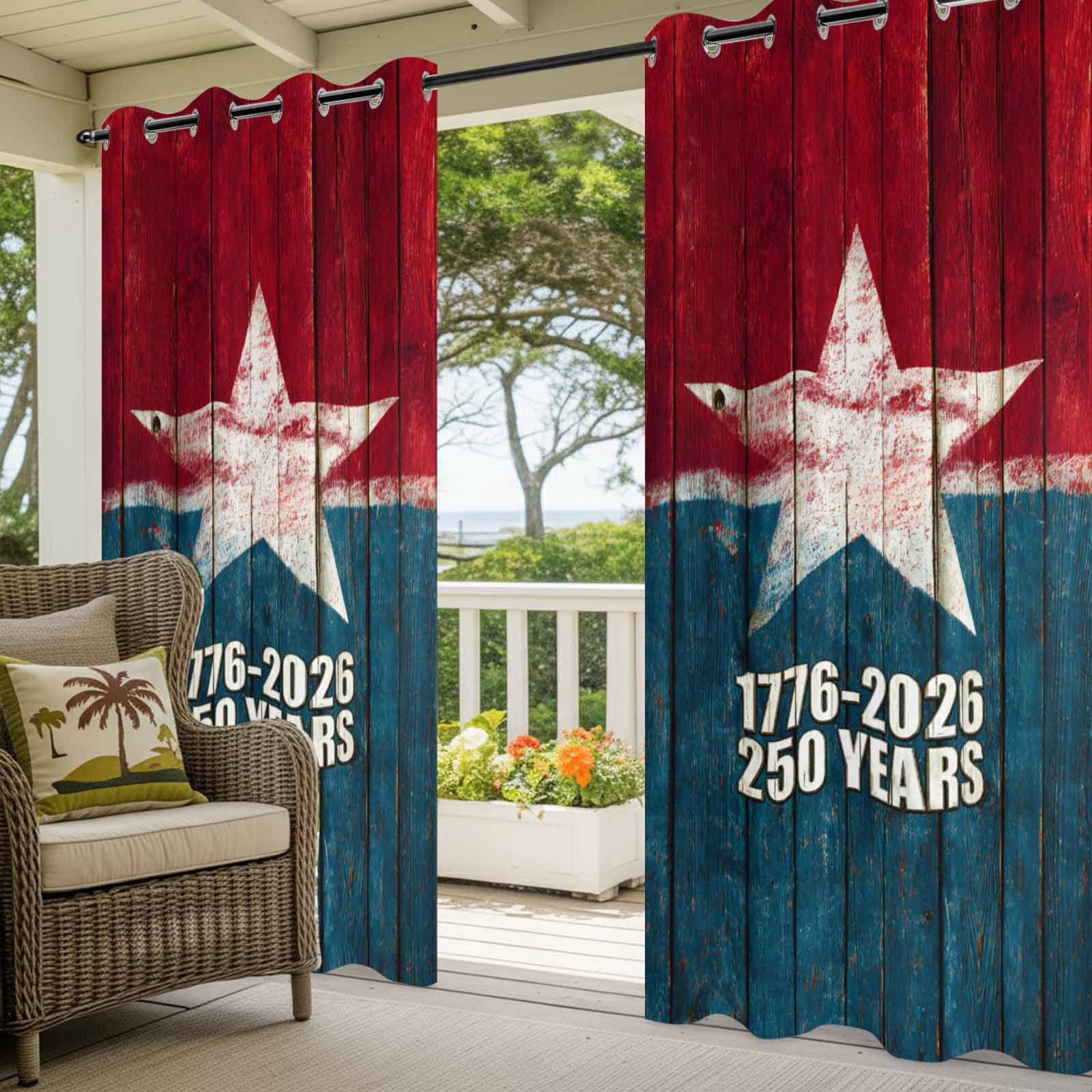 Years Independence Day Outdoor Curtains for Patio, USA Flag Retro Wood Grain Star Sunshade Privacy Drapes Grommet Waterproof Outside Curtains for Porch/Cabana/Balcony 54"x 108", 1 Panel