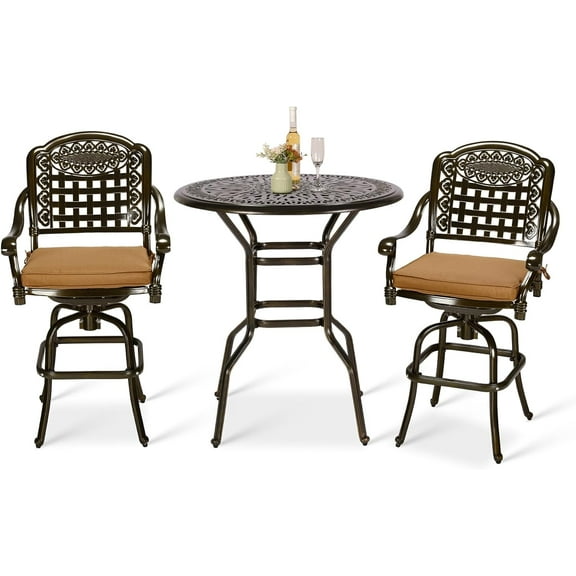 VIVIJASON 3-Piece Patio Swivel Bar Stools Set, All Weather Outdoor Cast Aluminum Bar Height Bistro Set with 2 Cushioned Bar Chairs & 35.2" High Bar Table w/Umbrella Hole for Backyard, Lawn, Garden