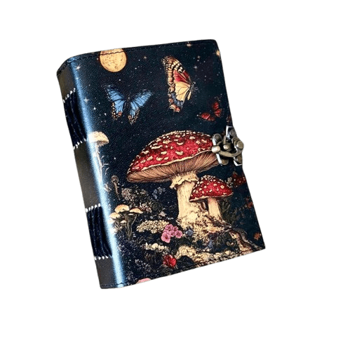 Large Leather Grimoire Journal – Mushroom Print Book of Shadows, 200 Pages Witchcraft Spellbook