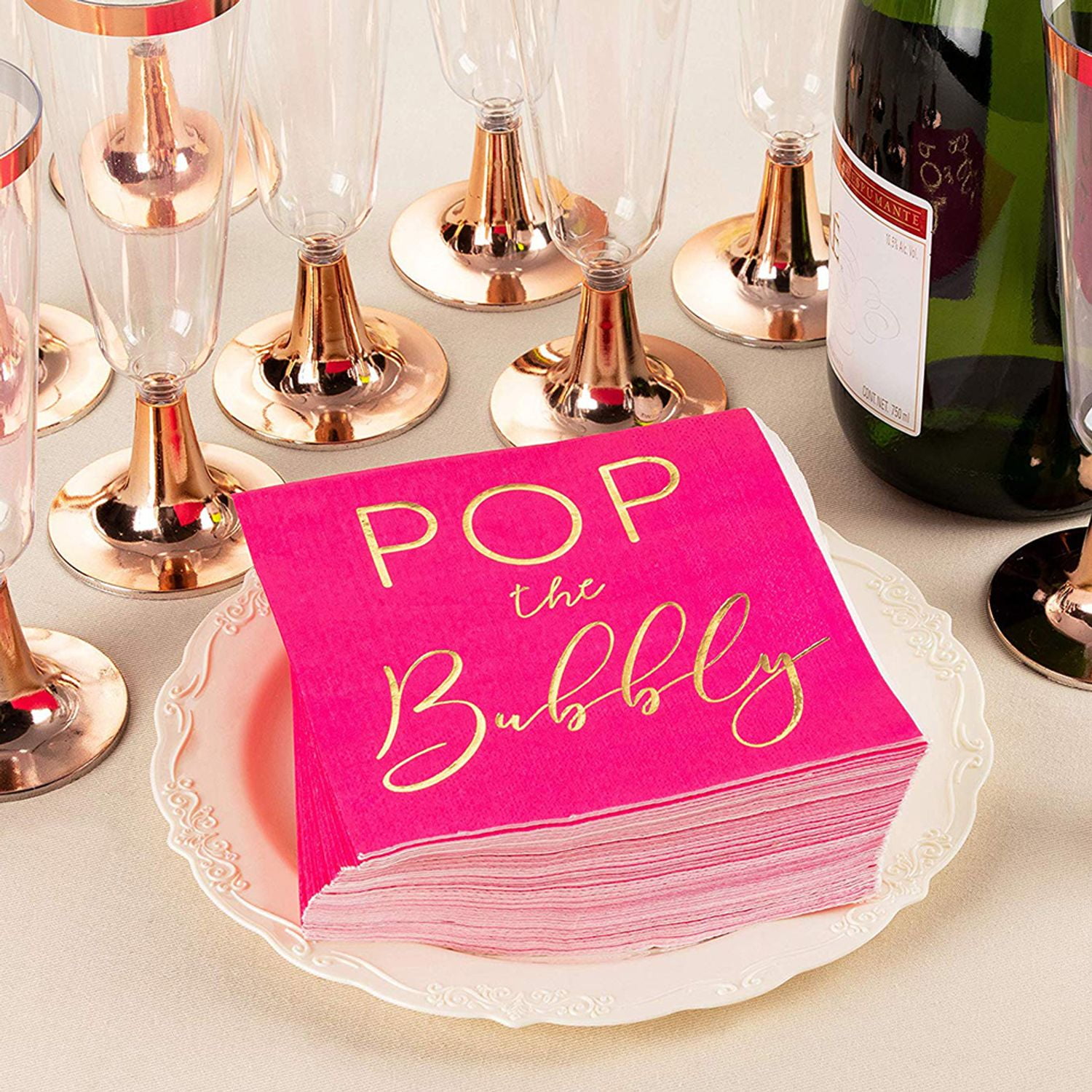 Cocktail Napkins 50Pack Hot Pink with Gold Foil Disposable