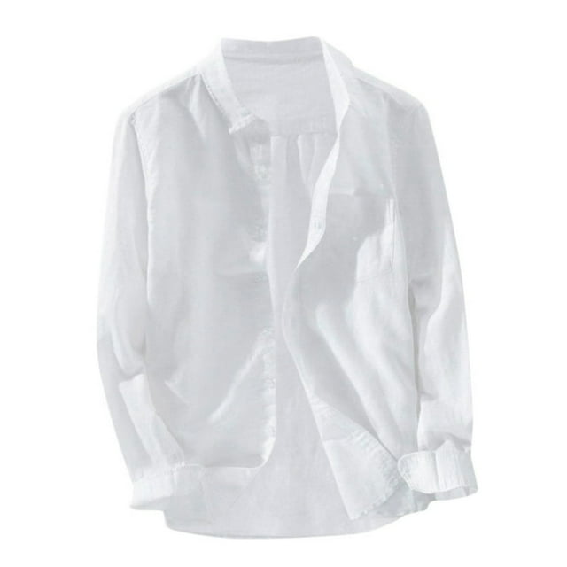 Men‘s Baggy Solid Cotton Linen Long Sleeve Button Pocket Plus Size T Shirts