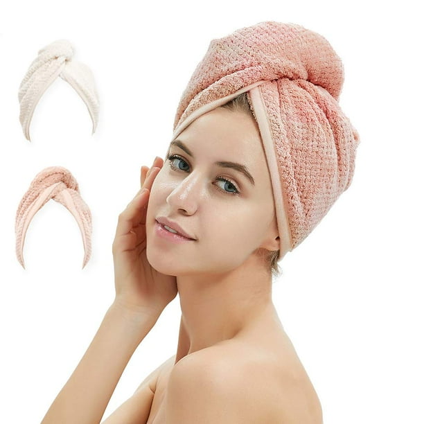 Toalla para el cabello, paquete de 2, toalla para secar el cabello con botón, toalla de microfibra para el cabello, gorro para secar el cabello, gorro de baño para el cabello (rosa y beige)