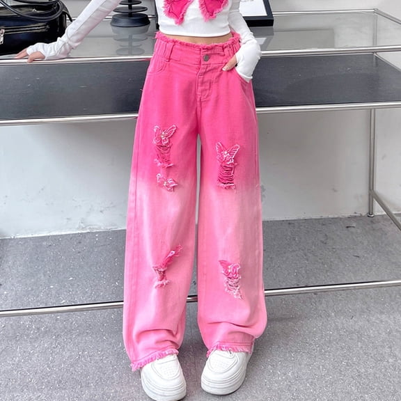 XIMIN Teens Girls Vintage Ripped Baggy Jeans Wide Leg High Elastic Waisted Denim Pants Cute Streetwear Fashion Trousers with Pockets (Pink, 13-14 Years)