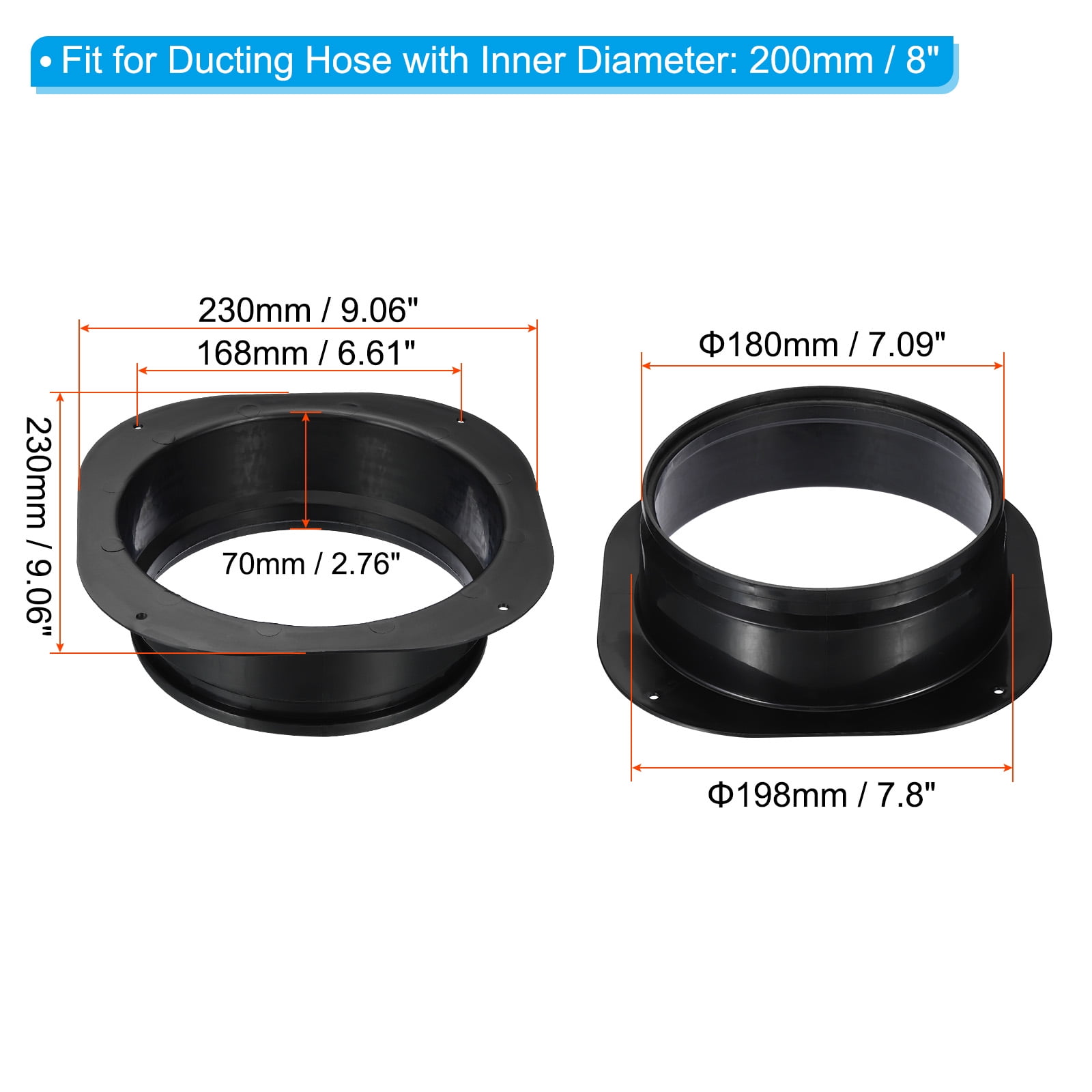 Uxcell 8" Duct Connector Flange Dryer Vent Wall Plate Square to Round Straight Ducting Plate Black 2 Pack
