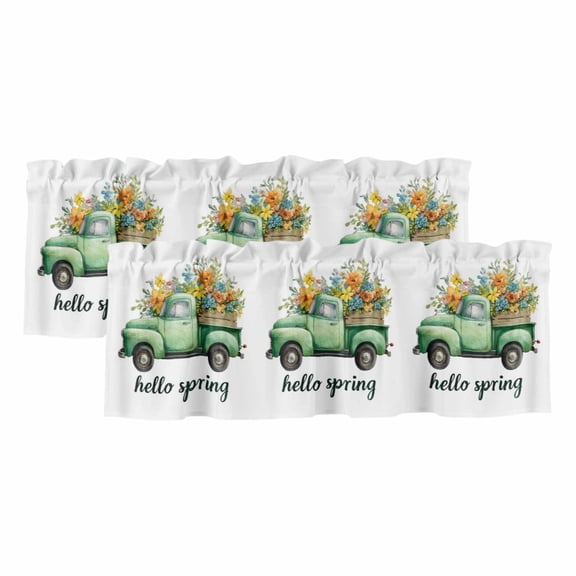 Hello Spring Valances for Windows, Decorative Rod Pocket Window Valance Curtains, Easter Flowers Green Car Vintage Floral Short Curtain Drapes for Kitchen/Living Room, 2 Panels, 54" W x 18" L