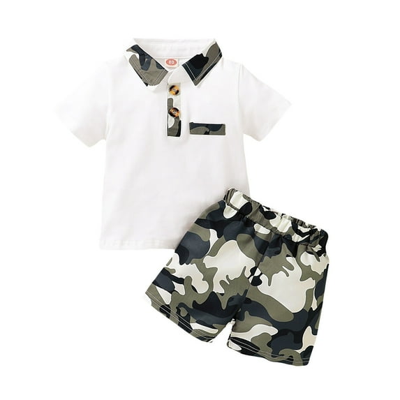 OLLUISNEO Newborn Baby Boys Summer Outfits Set Short Sleeve White Top with Camouflage Collar and Shorts Boys Clothes 0-3 Months