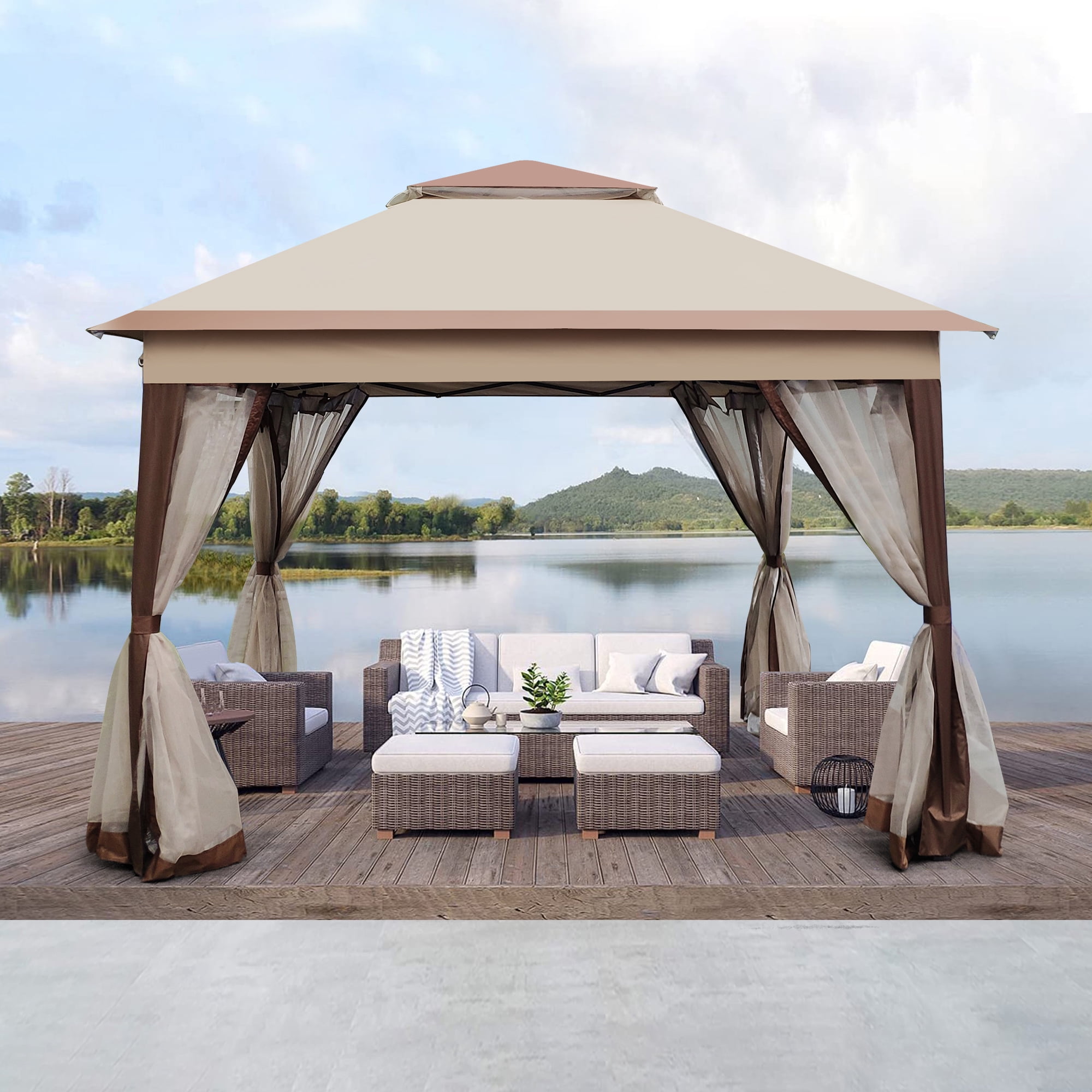 Pop Up Gazebo Canopy 11x11 Ft, Outdoor Event Tent with Removable Zipper Netting, 2-Tier Soft Top Shelter for Patio, Garden, Camping, Instant Setup, Coffee