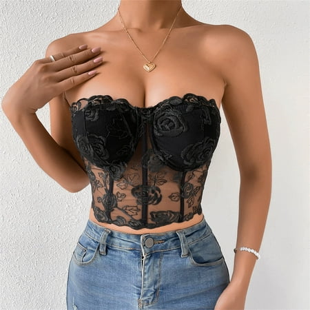 

WOXINDA Women s Lace Mesh Rose Tube Top Comfortable And Breathable With Steel Ring Vest