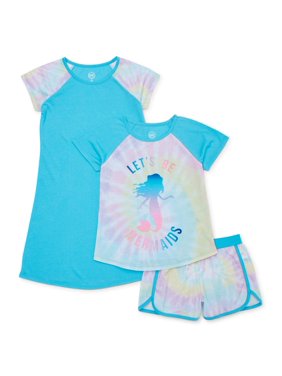 Wonder Nation Exclusive Girls 4-18 & Plus 3-Piece Spring Summer Graphic Pajama Short Set and Lightweight Nightgown