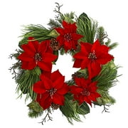 Angle View: Nearly Natural 28-Inch Poinsettia and Pine Wreath in Red