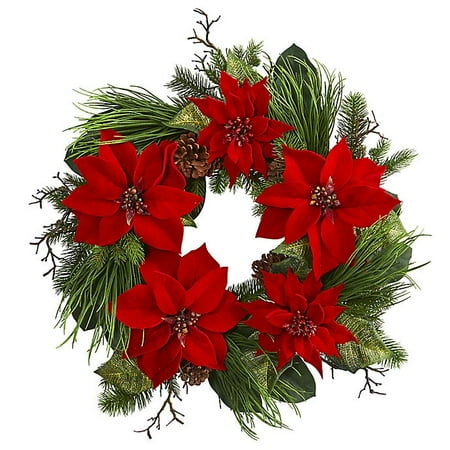 Nearly Natural 28-Inch Poinsettia and Pine Wreath in Red