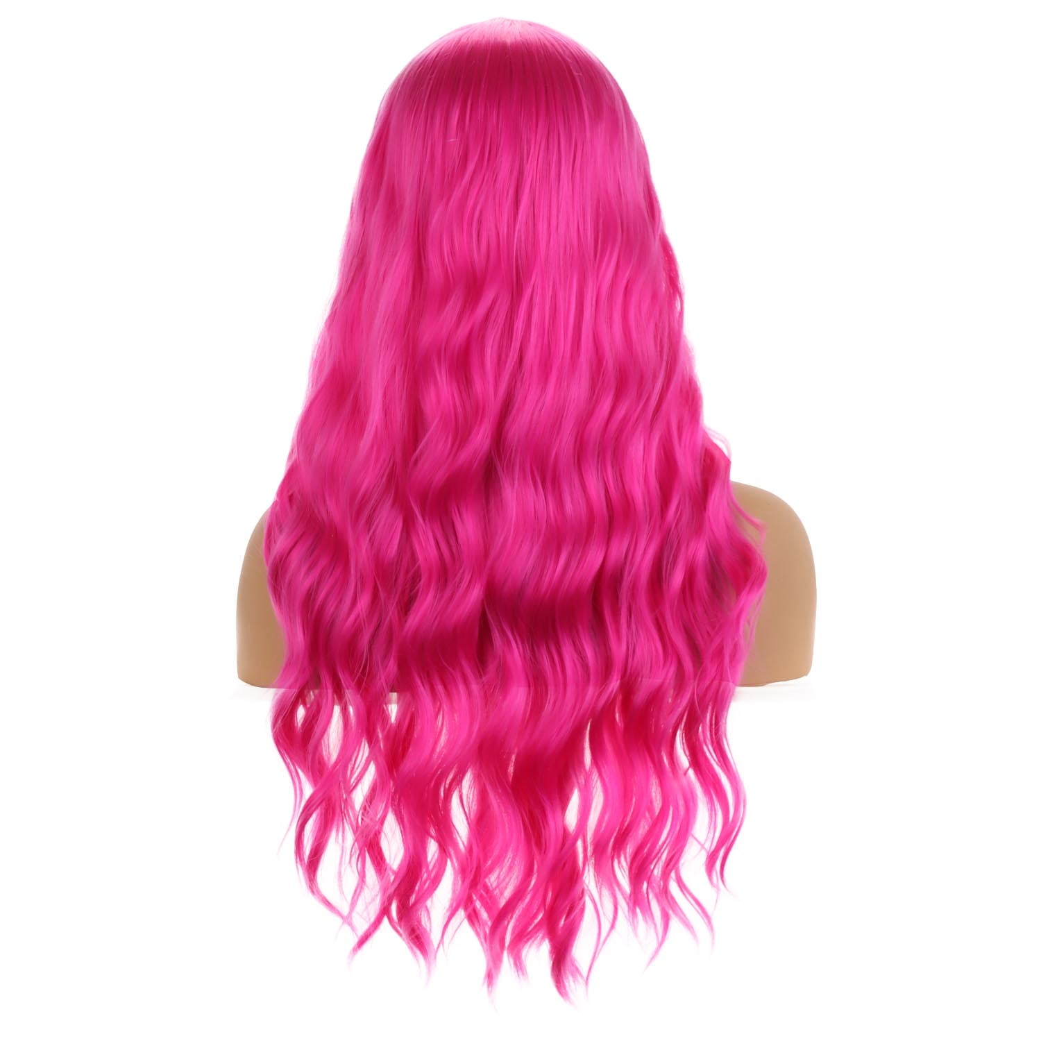 RightOn Hot Pink Wigs Long Wavy Wig for Women Curly Heat Resistant Hair Wigs Cosplay Party with Wig Cap