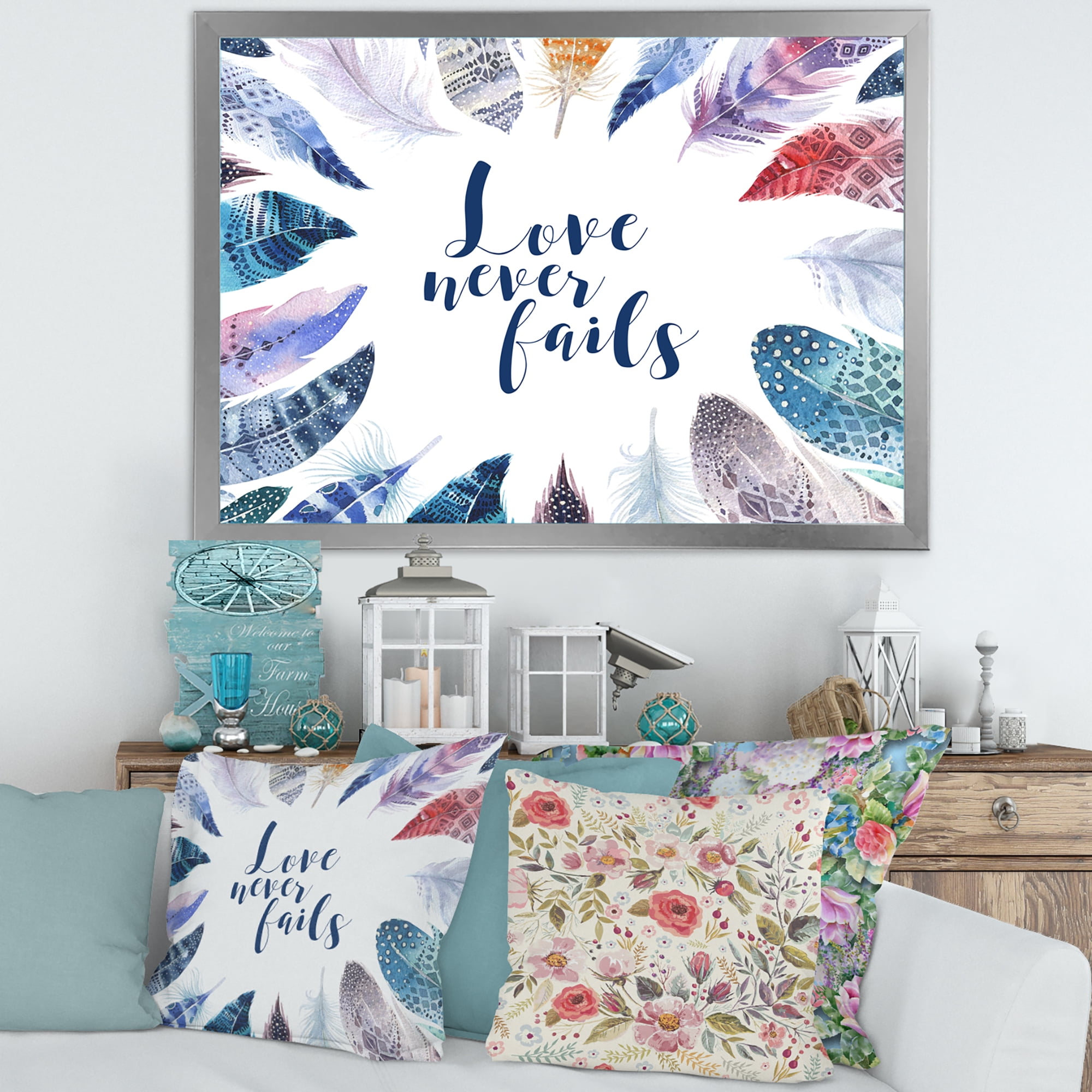 Inspiring Quote With Boho Feathers 40 in x 30 in Framed Painting Canvas Art Print, by Designart